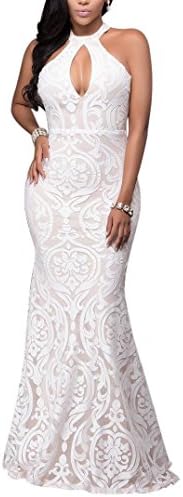 Women Sexy Sleeveless Cocktail Long Dress Gown Vintage Flower Backless Evening Bodycon Maxi Party Dress (Medium, White)