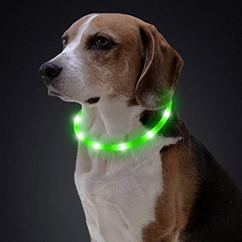 Light Up LED Dog Collar, Clan_X USB Rechargeable Silicone Glowing Pet Collar for Dogs, Flashing Doggy Collars Keep Your Dogs Be Seen& Be Safe (Green-Silicone)