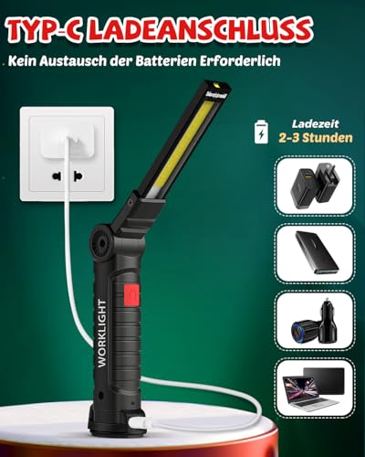 Coquimbo LED Work Light, Workshop Lamp, Gifts for Dad, Men, Hand Torch with Magnet and Hook, for Car Repair, Camping, Emergencies, Pack of 2, Black