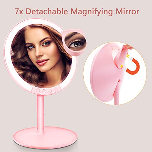 Morpilot Miroir de Maquillage Grossissant 7x Lumineux à Ventouse avec 66 Lumières LED Naturelles, Rotation à 120° et Fonctionnant sur batterie (Rose 2)