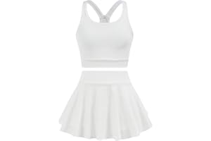 BEAUDRM Girl's Workout Solid Color Tank and High Waisted Skorts Set Athletic Sports Running Skirt with Pockets