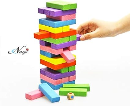 Negi 48 Pieces Color Jenga Wood Toys Fold High 48 Pieces Wooden Building Blocks Game with Dice (Wooden Tumbling Stacking Jenga Color)