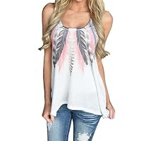TOPUNDER Feather Print Sleeveless Tank Top for Women Racerback Loose Boatneck Vest Blouse
