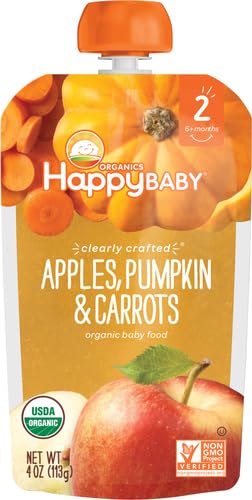 HAPPY BABY ORGANICS STAGE 2 BABY FOOD POUCHES, GLUTEN FREE, VEGAN & HEALTHY SNACK, CLEARLY CRAFTED FRUIT & VEGGIE PUREE, APPLE PUMPKIN & CARROTS, 4 OUNCES (PACK OF 1)