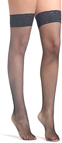 Fishnet Stockings - Women Lace Top Elasticated Silicone Band Nylon Net Premium Hold Ups - No Suspenders - Italian Lingerie Hosiery
