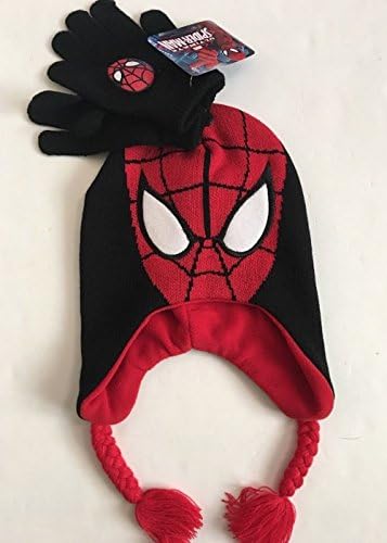Spiderman Superhero Boys Red Knit Beanie Hat Gloves Set