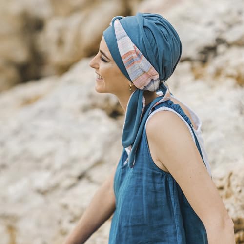 CAREBELL Smooth oncological scarf – Mediterranean design steel in soft and breathable bamboo, specially for chemotherapy, alopecia and sensitive skin, handmade in Spain
