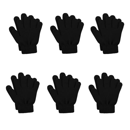 ONEREED 6 Pairs Winter Magic Gloves Kids Stretchy Unisex Black Gloves Toddler Boys Girls Children Magic Knit Gloves
