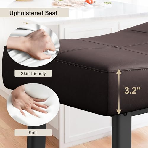 Garvee 61cm Counter Height Bar Stools, Faux Leather Saddle Seats with Black Metal Legs, Modern Upholstered Kitchen Island or Dining Counter Stools, Set of 2, Brown