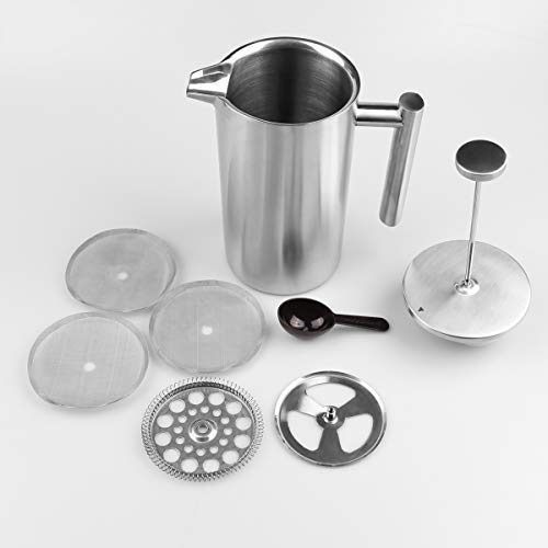French Press Coffee Maker Double-Wall 18/8 Stainless Steel Coffee and Tea Maker, Bonus Stainless Steel Screen and Coffee Powder Spoon, 34OZ