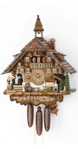 Cuckoo Clock Black Forest house with moving beer drinkers and mill wheel
