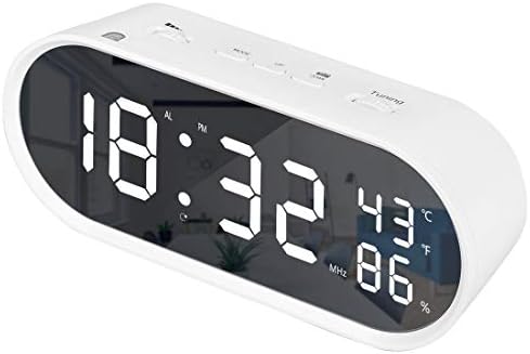 Digital Alarm Clock Radio Mirror Large Surface Led Screen Temperature Display with USB Port Dimmer Snooze Sleep Timer for Bedroom Decor White (Not Include Adapter)