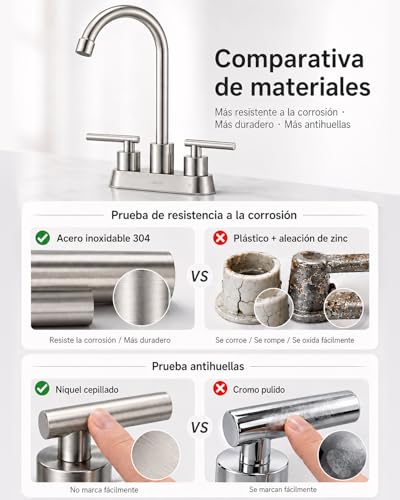 APPASO Llave para Lavabo Baño, Mezcladora para Lavabo de Baño, 4 Pulgadas, SUS304 de Acero Inoxidable de 2 Manijas para Grifo de Lavabo, Níquel cepillado