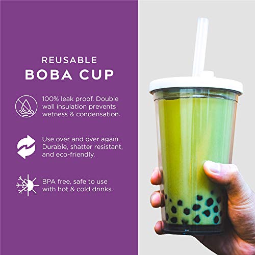 Reusable Boba Cup for Regular Size Bubble Tea (16 Oz), Angled Straws, Leak Proof Design, Double