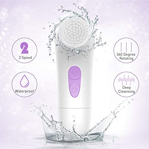 【2019 Upgraded】ETEREAUTY Facial Cleansing Brush, Waterproof Face Brush with 4 Brush Heads and a Protective Travel Case - Deep Cleansing, Gentle Exfoliating, Removing Blackhead for Face, Purple