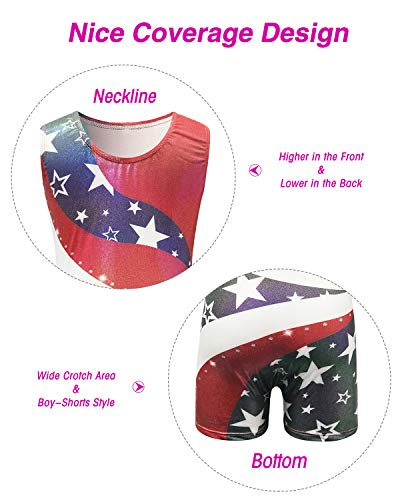 Kids4ever Toddler Gymnastics Leotards Star Stripes Splicing Biketards for Girls Sparkly Unitard with Shorts 6T 7 T