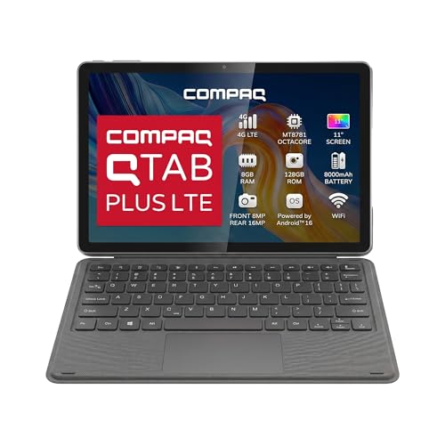 Compaq Tablet QTab Plus LTE 11 Pulgadas, Android 16, 8GB RAM 128GB ROM, 4G LTE, Procesador Octacore MT8781, Cámara 16MP, Batería 8000mAh, WiFi, Color Negro
