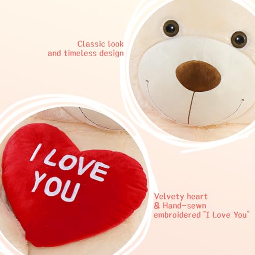 MorisMos 130 cm Giant Plush Bear with I Love You, XXL Ivory Plush Teddy Bear Large Soft Teddy Bear Gift for Baby Girlfriend Her Birthday Decorations