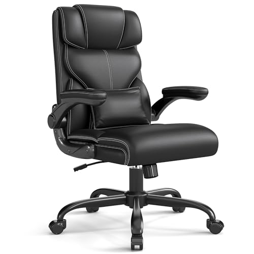 Executive Office Chair with Flip-up Armrests,Ergonomic Computer Desk Chairs,Mid-Tall Back Leather Office Chair 400 Lbs,Lumbar Support Swivel PC Chair with Rocking Function