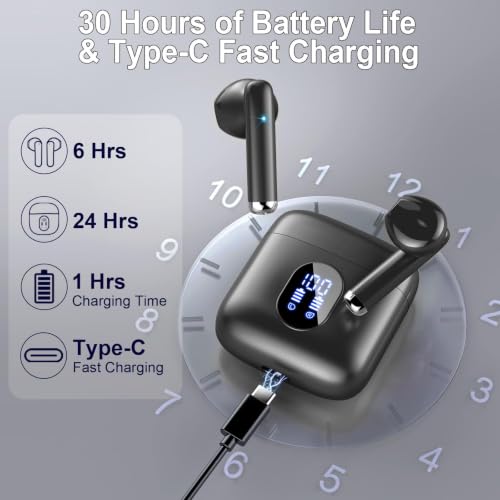 Drsaec Bluetooth 5.4 Headphones, In-Ear Headphones, Wireless Bluetooth 2026 Wireless Headphones with 4 ENC Mic, 6D Deep Bass, 30 Hours Noise Cancelling Ear Buds, IP7 Waterproof Sports Earphones, USB-C