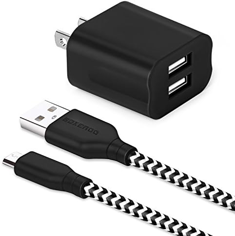 Portable Dual USB Wall Charger With 6ft Boxeroo Braided Micro USB Charging Cable for Samsung S7 S6 Edge Plus, HTC, Sony, Moto , LG, Blackberry, Android Tablets(Black)