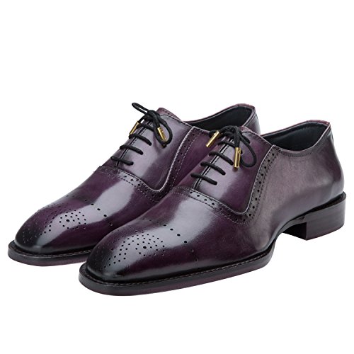 Lethato Brogue Oxford Handcrafted Men's Genuine Leather Lace up Dress Shoes with Golden Color Metal Aglets Shoelace Tips- Purple