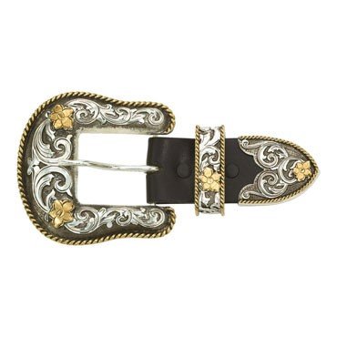 Antiqued Two Tone Filigree 1.5 inch 3 Piece Belt Buckle Set