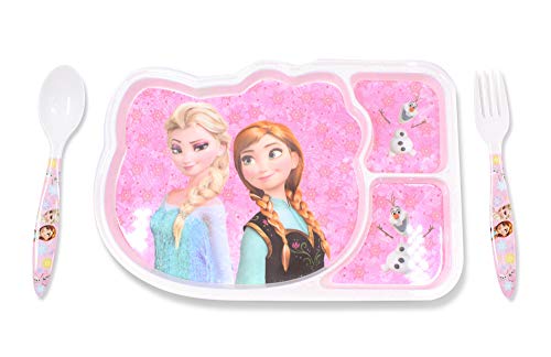 Finex - Set of 3 - Pink Frozen Princess Elsa and Anna Mealtime Kids Dinner Meal Dishes Feeding set for toddlers preschoolers - Set with plate spoon fork Food Grade