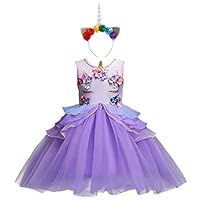 Baby Girls Toddler Unicorn Dress Sleeveless Princess Tulle Dress Wedding Birthday Party Gown Performance Costume Purple 5-6