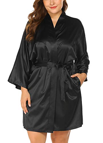 IN'VOLAND Women's Plus Size Pure Colour Short Satin Bridesmaid Wedding Kimono Robes with Oblique V-Neck 1X-5X