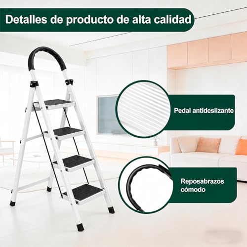 Unicame Escalera Plegable para Casa,Escalera Plegable 4 Peldaños,Diseño Antideslizante,Diseño de Cierre de Seguridad,Escalera Tubular,Escalera de Tijera,para Hogar Oficina Almacén-Negro (Blanco)