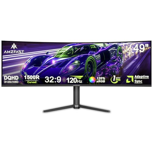 Amzfast 49 Zoll Curved Monitor 120Hz, DQHD(5120x1440), 32:9 Ultrawide PC Bildschirm, Eyes-Care, 1MS MPRT, 1500R, Adaptive Sync, sRGB 120%, HDMI 2.0 * 