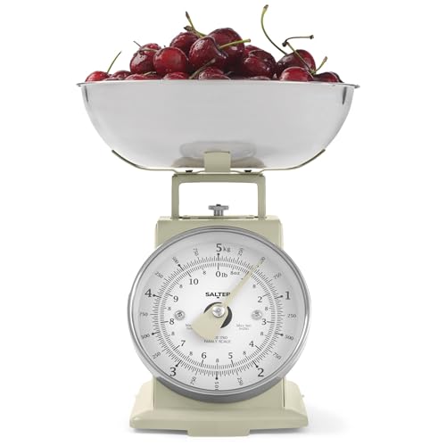Salter SA00562BFEU12 Timeless Mechanical Kitchen Scale - 5kg Capacity, 1 Litre Dishwasher Safe Bowl, Classic Design, Easy to Read Large Digit Dial, 22cm, Cream