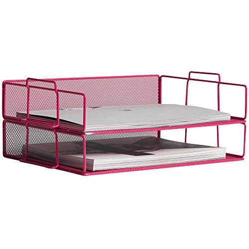 Klickpick Office 2 Tier Stackable Heavy Duty Metal Desktop Letter Tray File Organizer Sorter Desk Document Organizer Shelf Tray Magazine Holder Paper File Newspaper Organizer Tray - Pink - Thumbnail 3