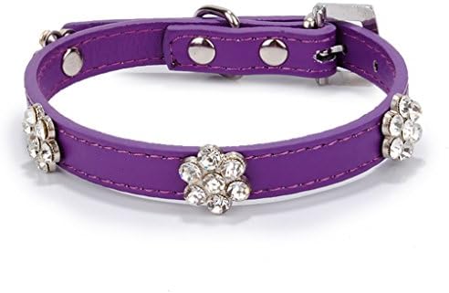 Aolove Fashion Rhinestones Diamante Flower Adjustable Pu Leather Pet Collars for Cats Puppy Small Dogs (X-Small, Purple)