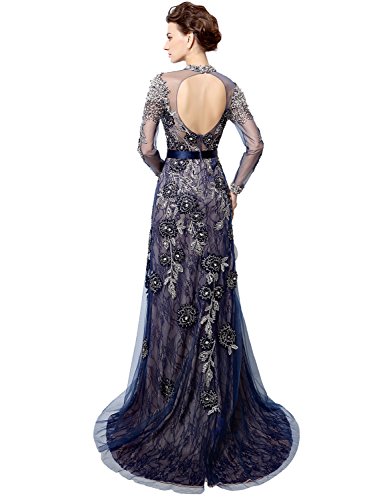 Anmor Tulle Mother Of The Bride Dress High Neck Beaded Sequin Applique Evening Prom Dress Long Sleeeve Navy Blue US2