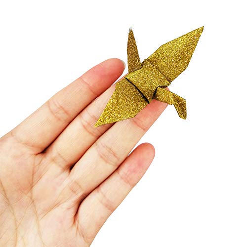 Hangnuo 100 PCS Origami Paper Cranes Glitter Gold, Folded DIY Japanese Crane Mobile String Garland for Wedding Party Backdrop Home Decoration