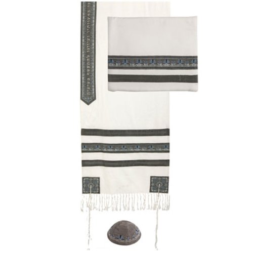 Yair Emanuel Grey Stripes Embroidered Cotton Tallit Set with Kippah 20" W X 75" L Yair Emanuel Grey Stripes Embroidered Cotton Tallit Set with Kippah 20" W X 75" L