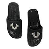 True Religion Men's Silver Metallic Horseshoe Logo Slide Sandals in Black (Small (US Mens 5-6), Black)