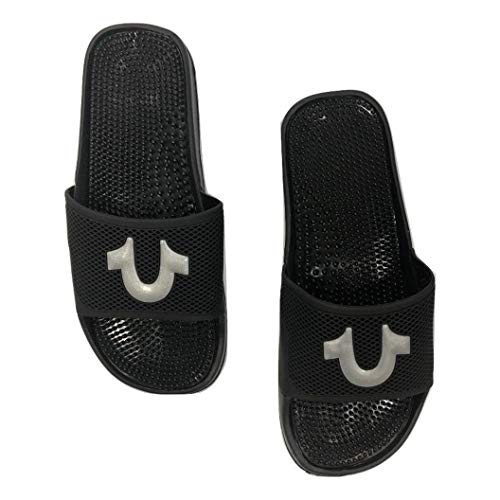 True Religion Men's Silver Metallic Horseshoe Logo Slide Sandals in Black (Small (US Mens 5-6), Black)