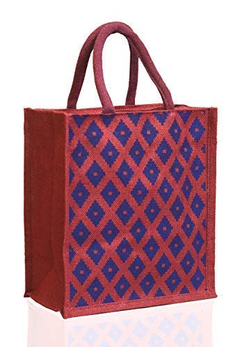 Maroon Jute with Diamond dot Printed with Rope Handle Jute Burlap Lunch Tiffin Outdoor Handbag Bag Working Office Bag. (Maroon)