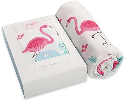iSbaby 100% Organic Best Baby Muslin Swaddle Baby Blankets White Blue Pink Flower Flamingo Print 2 Layer Gauze 47"x 47" (1 Pack)