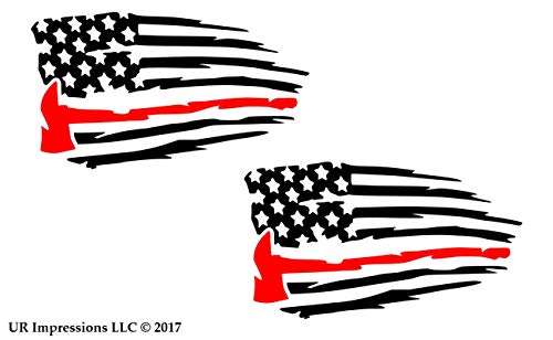 UR Impressions Blk 3.6in. Thin Red Line Fireman's Axe - Tattered American Flag 2-Pack Decal Vinyl Sticker Graphics for Cars Trucks SUV Vans Walls Windows Laptop|Black & RED|3.6 X 2.1 Inch|URI697-B