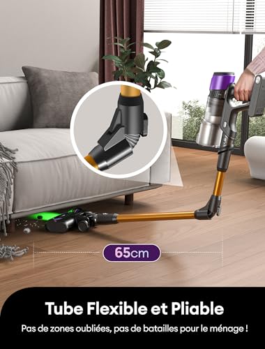 Aspirateur Balai sans Fil, 55kPa Puissant pour Poils Animaux, Technologie GreenEye, Tube Pliable 65cm, Filtre HEPA H13 Anti-Allergie, 60min Autonomie, Sol Dur/Voiture/Moquette