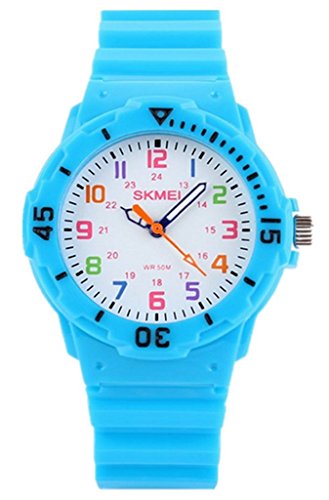 WUTONYU(TM) Kid's Candy Color Cute Design Rubber Band Color Digital Quartz Wristwatch (Light blue)