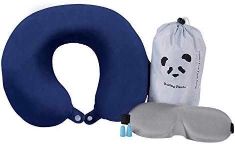 Rolling Panda 100% Pure Memory Foam Travel Neck Pillow With Sleep Mask, Earplugs, Carry Bag - Washable Cover (Blue)