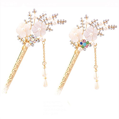 Happy Hours - Crystal Rhinestone Bead Hair Clasp For Women and Teen Girl / Natural Shell Alloy Flower Design Hair Pins Stick With Dangle Tassel Pendant(Style 1) - Thumbnail 7