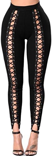 ainr Women High Waist Criss Lace Up Stretch Skinny Pants Leggings