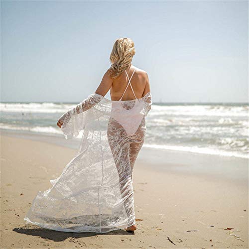 CofeeMO Women's Sheer Lace Maxi Cardigan Beach Cover Ups,Flare Sleeve Airy Sexy Summer Tops Shawls(White,L)