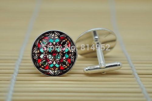 Pretty Lee Vintage Church Stained Jewelry Abstract Cufflinks In Silver Glass Cabochon Cuff Links C0919